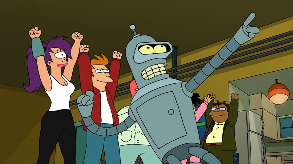 Seorang pria dengan seorang wanita bermata satu dan satu robot dalam kartun Futurama